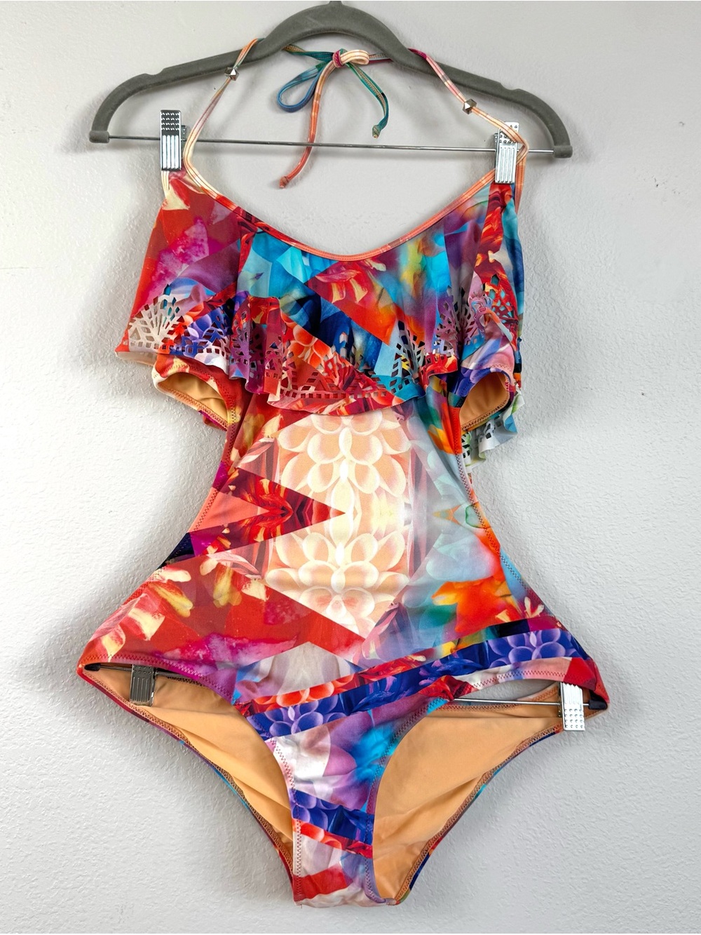 Zingara One piece Monokini Swimsuit Cutout Ruffled Geometric Print Multicolor M